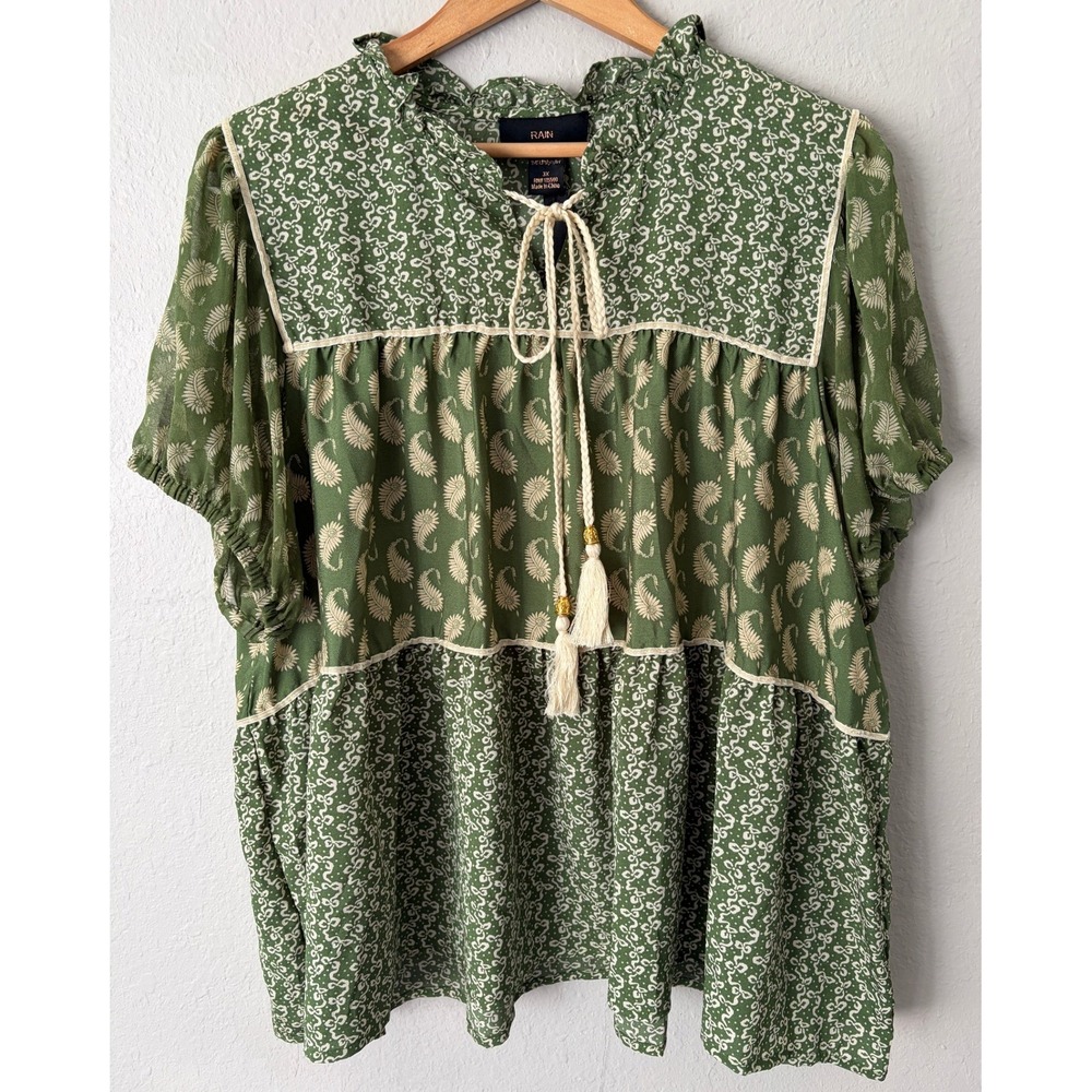 Rain Womens Green Paisley Print Tiered Tassel Tie Blouse 3X Boho Peasant Top